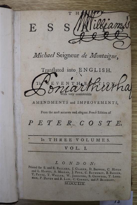 Montaigne, Michel de - The Essays, 3 vols, 8vo, rebound, London 1776 and a small collection of other works related